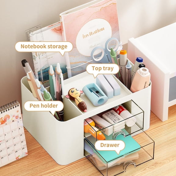 EISRUNGF- Pen Organizer with 2 Drawer, Multi-Functional Pencil Holder for Desk, Desk Organizers and Accessories with 5 Compartments   Drawer for Office Art Supplies (Dark Green)