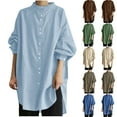 thumbnail image 4 of Women's Buttons Long Sleeve Oversized Round Neck Shirts Mid Length Cotton Linen Comfy Blouses Casual Tops Army Green,XL, 4 of 4