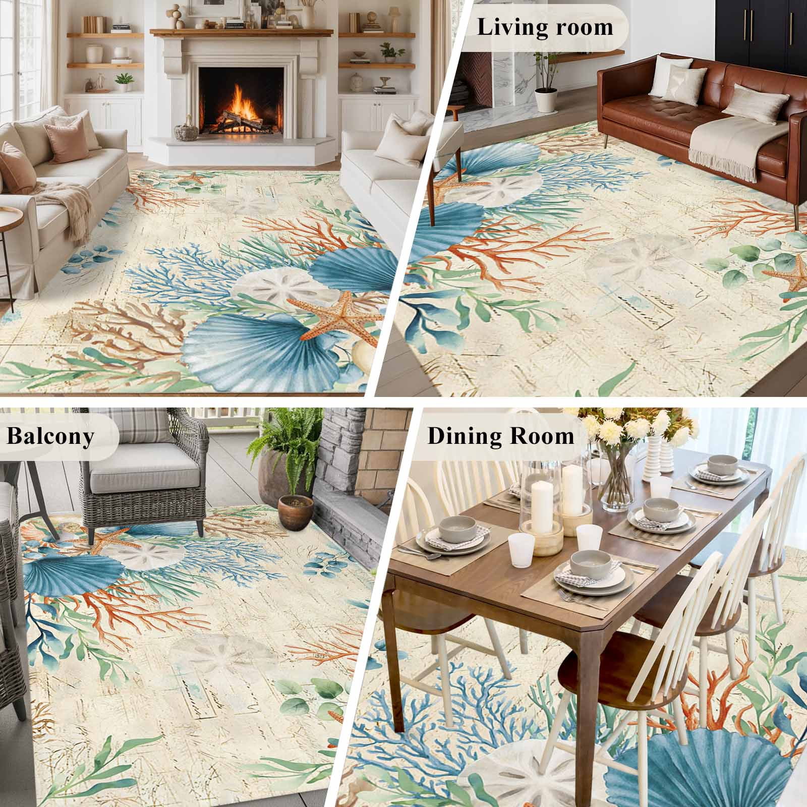 5'x7' Area Rugs for Living Room Bedroom, Beige Beach Coastal Washable Rug Carpet Runner Indoor Outdoor, Summer Nautical Coral Shell Botanical Non Slip Floor Mats Area Rug for Kitchen, Nursery