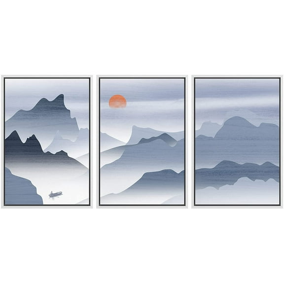 IDEA4WALL Framed Canvas Print Wall Art Set Pastel Watercolor Blue Mountain Range Nature Wilderness Modern Art Decorative Landscape Rustic for Living Room, Bedroom, Office - 24"x36"x3 White