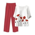 thumbnail image 6 of DDAPJ pyju Summer Outfits for Women 2 Piece Linen Lounge Sets Floral Print Short Sleeve Blouse Top and Elastic Waist Pants Suits Plus Size Loungewear Birthday Gifts of Today Red S, 6 of 7