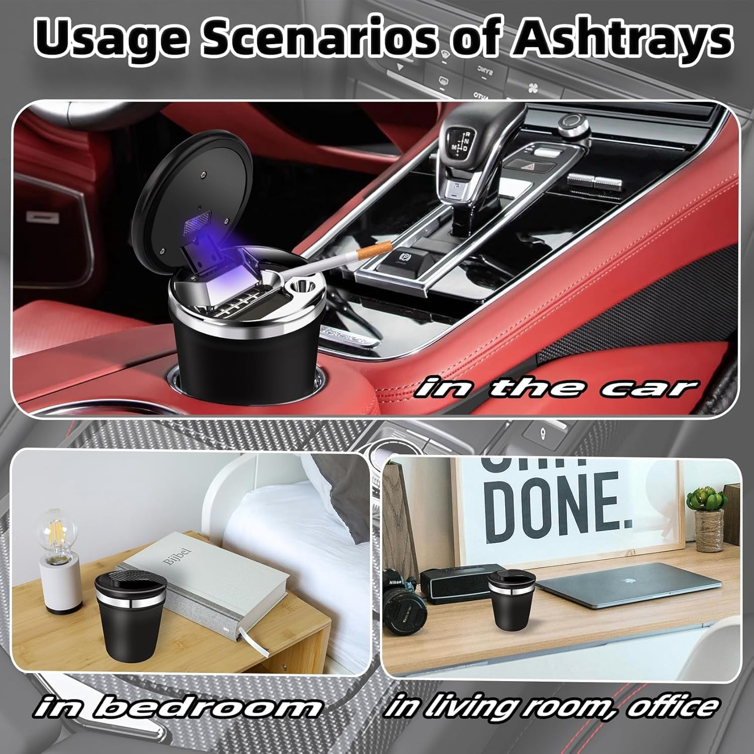 YESCOO Smell Proof Car Ashtray - Fits Cup Holder, Carbon Fiber Lid, Ceramic Inner, LED Light, Portable For Travel