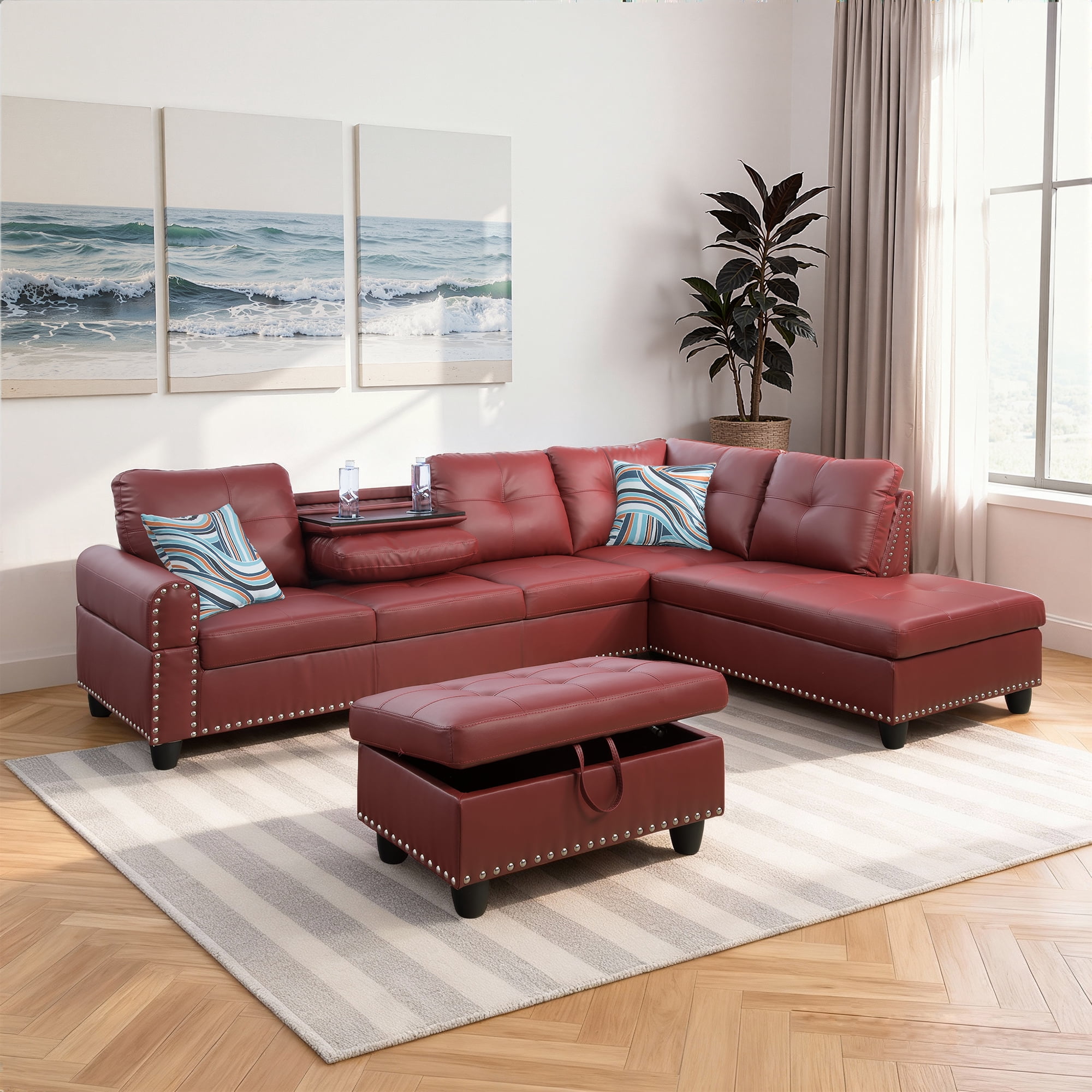 MAYEERTY 97.5" L-Shaped Sectional Sofa, Faux Leather 3-Piece Modular Couch Sofa Set with Ottoman, Red (Right)