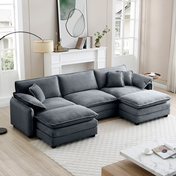 CoSoTower Oversized Modular Cushioned Sofa with Conversible Ottoman, 3-Seater Sofa with 2 Footstools, U Shape Sofa Ingrey Corduroy Fabric