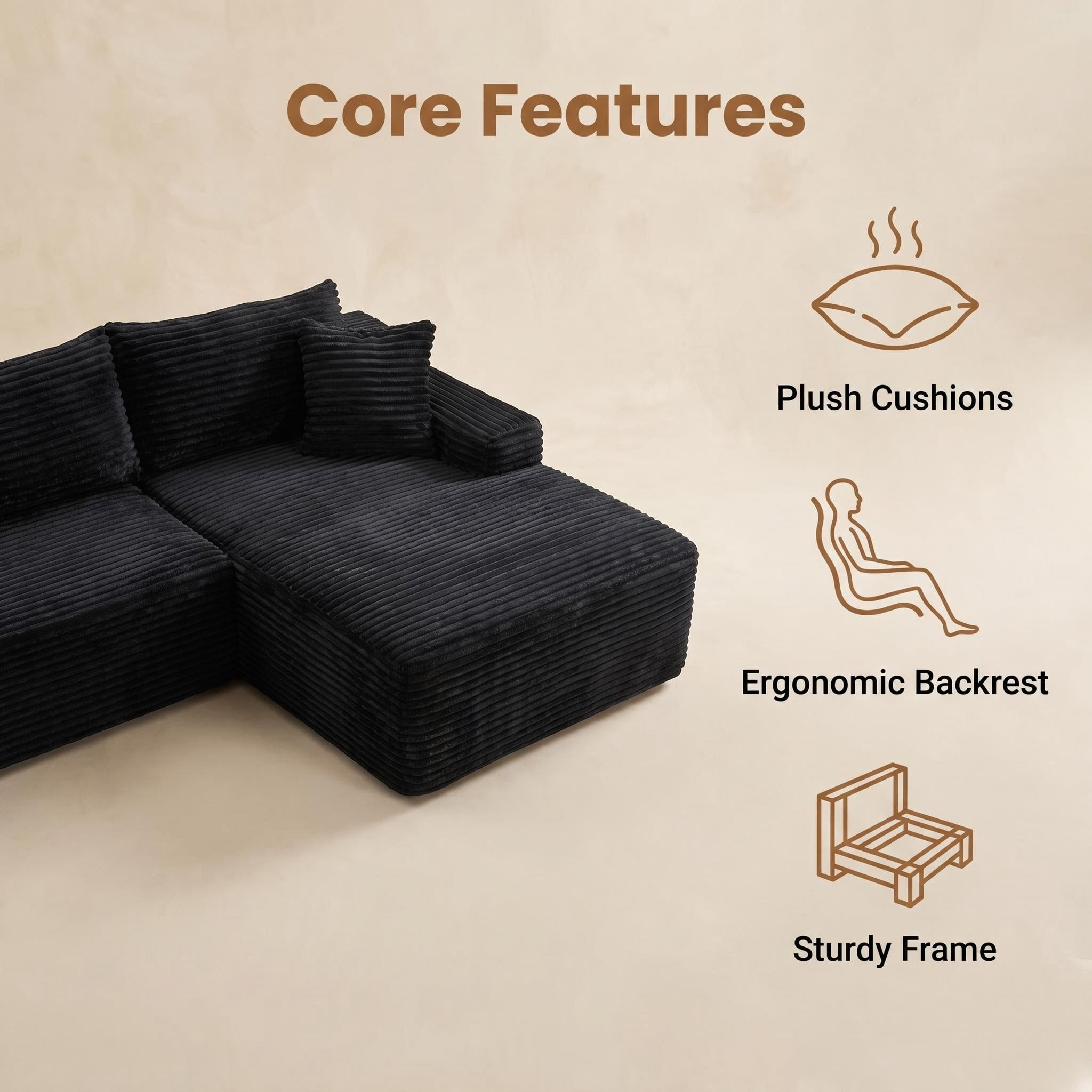 avobird 94.5" Cloud Modular Sectional Sofa Couch with Left Side L-Shape Chaise,Modern Corduroy Upholstered Couches for Living Room Bedroom,Deep Seat Corner Couch, Black