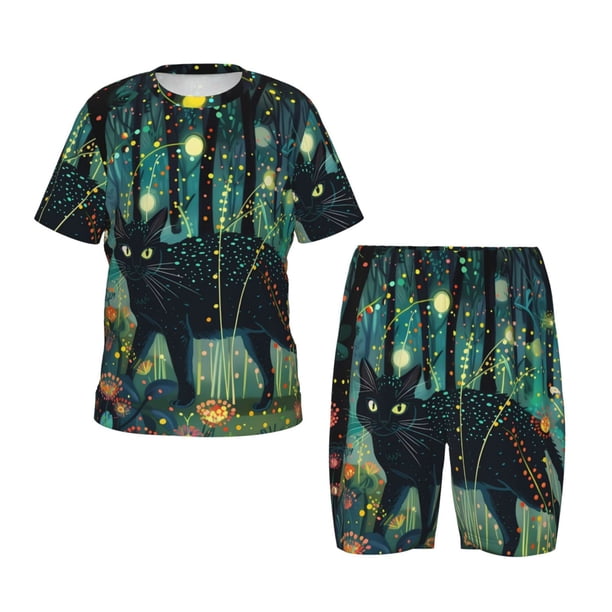 Balery Mystical Black Cat Fireflies Conjunto de Pijama Infantil de Manga Corta con Estampado – Ropa de Dormir de Algodón Suave-Small