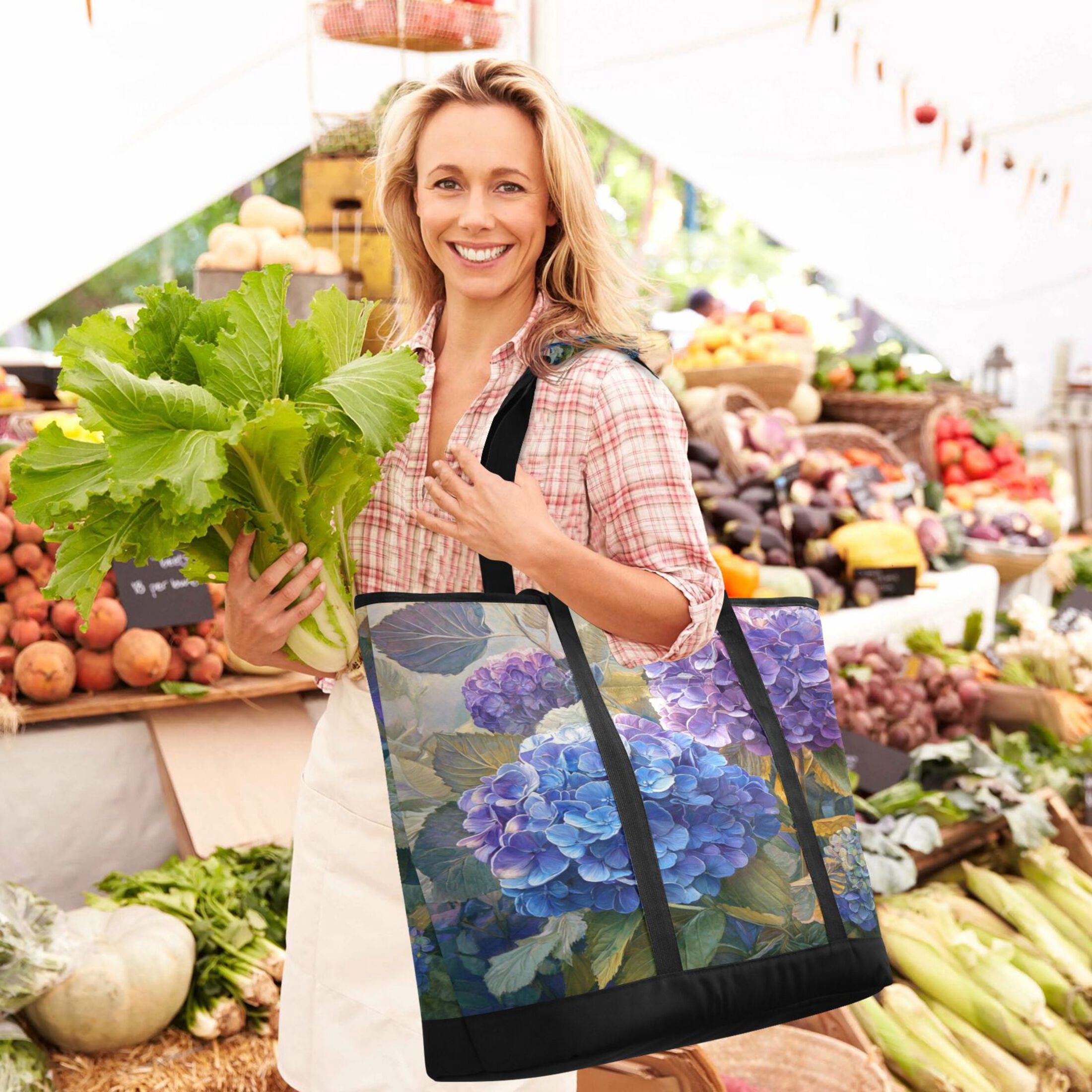 Extra-Large Wide Opening Design Capacity Hand-Held Ice Pack Thickened Insulation Layer For Long-Lasting Cold Retention For Outdoor Shopping Picnics And Camping Beautiful Painting Of Hydrangeas