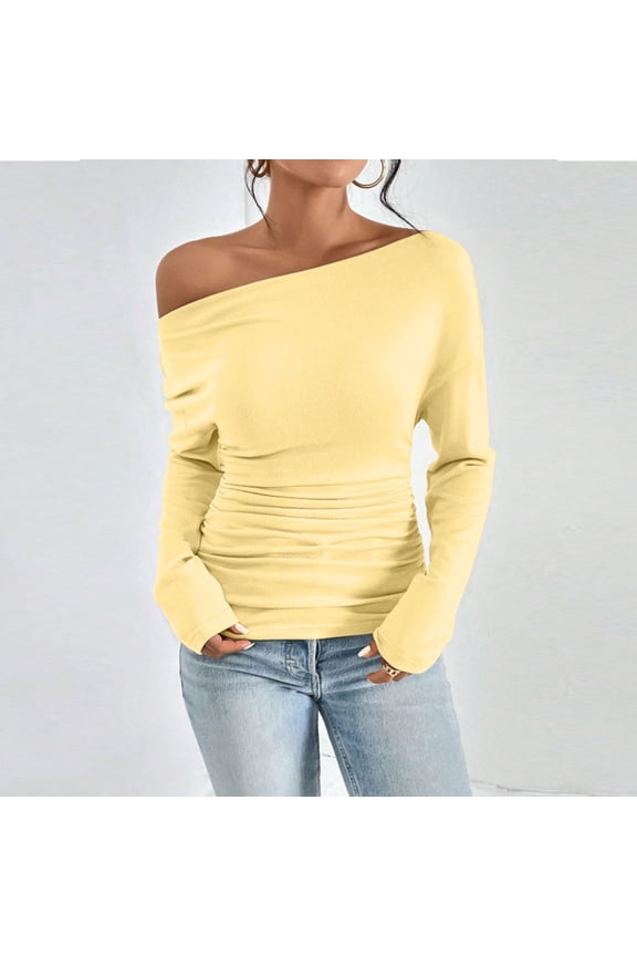 Elegant Solid Color Off-Shoulder Ruffle Detail Long Sleeve Waist-Defining Pullover Top for Women