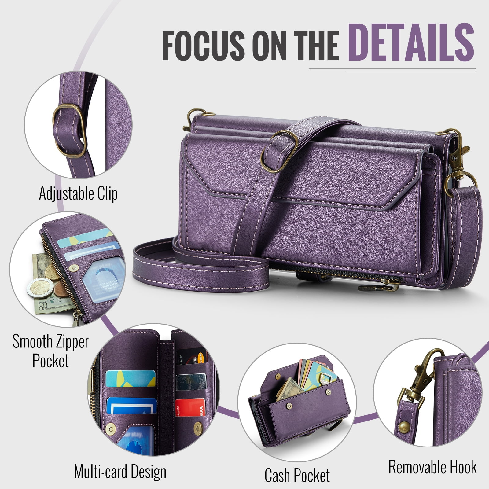 Compatible with iPhone 15 Plus 6.7 inch Zipper Wallet Phone Case Tempered Glass Screen Protector Crossbody Lanyard Strap Flip Card Holder Slot Cell Cover for i Phone15 15+ i15 + 15Plus Women Purple