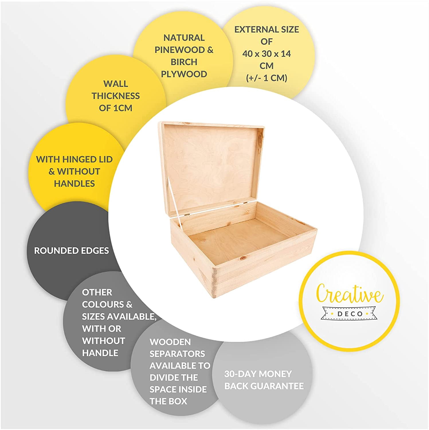 Creative Deco Boîte Rangement Bois Brut 40x30x24 Cm – Couvercle Poignées, Boîte Souvenir Non Ponçée