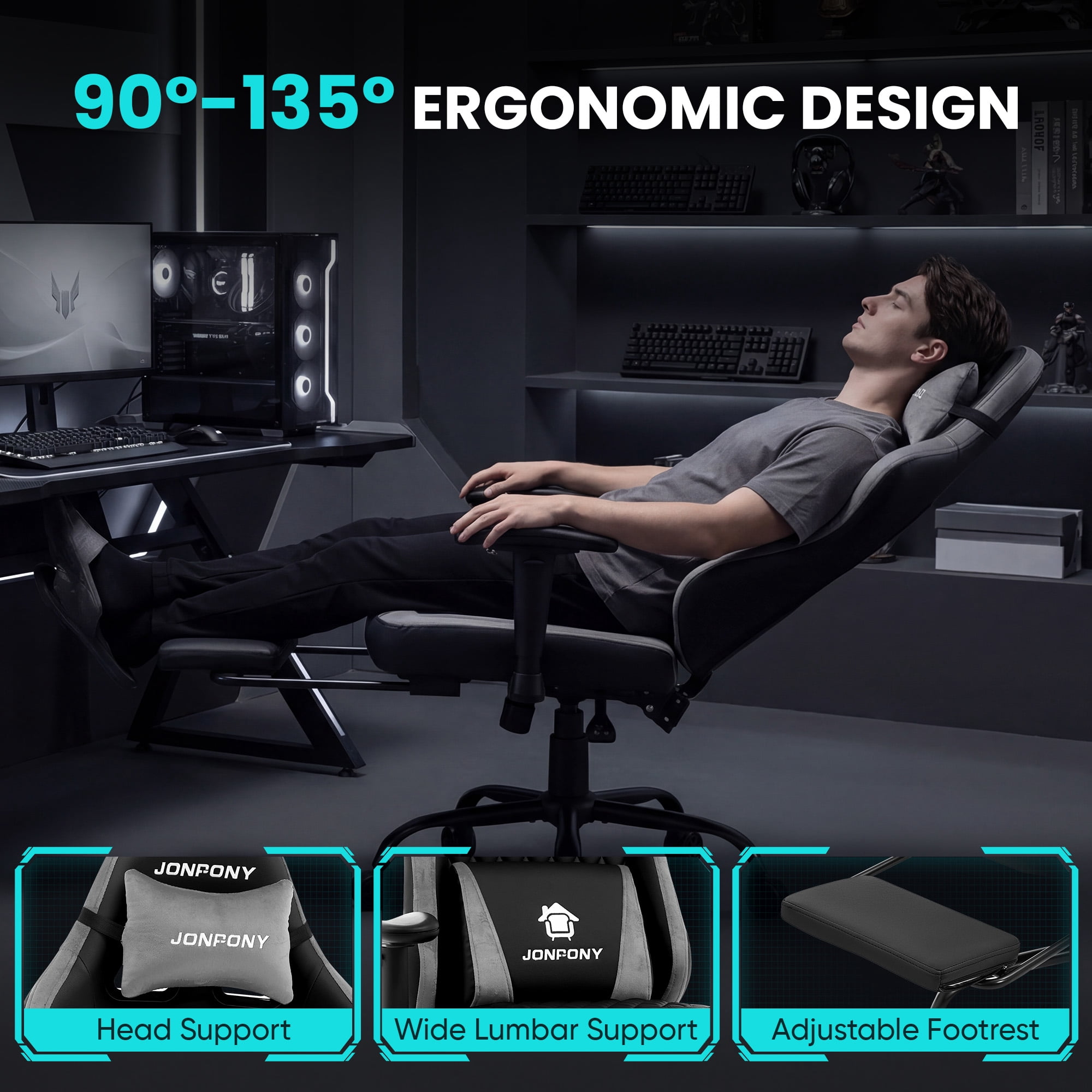 JONPONY Big and Tall 500LBS Ergonomic Gaming Chair, Gamer Chair PU Leather with Footrest and Lumbar Support, High Back Office Chair Support 8 Hours Long Sitting, Computer Chair,2D Armrests，Grey