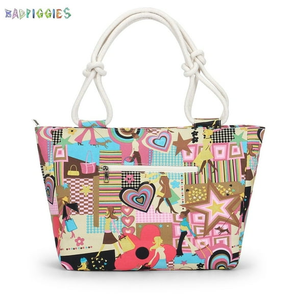 BadPiggies Large Canvas Tote Bag Casual Beach Travel Sandproof Shoulder Bag Zippered Shopping Handbags