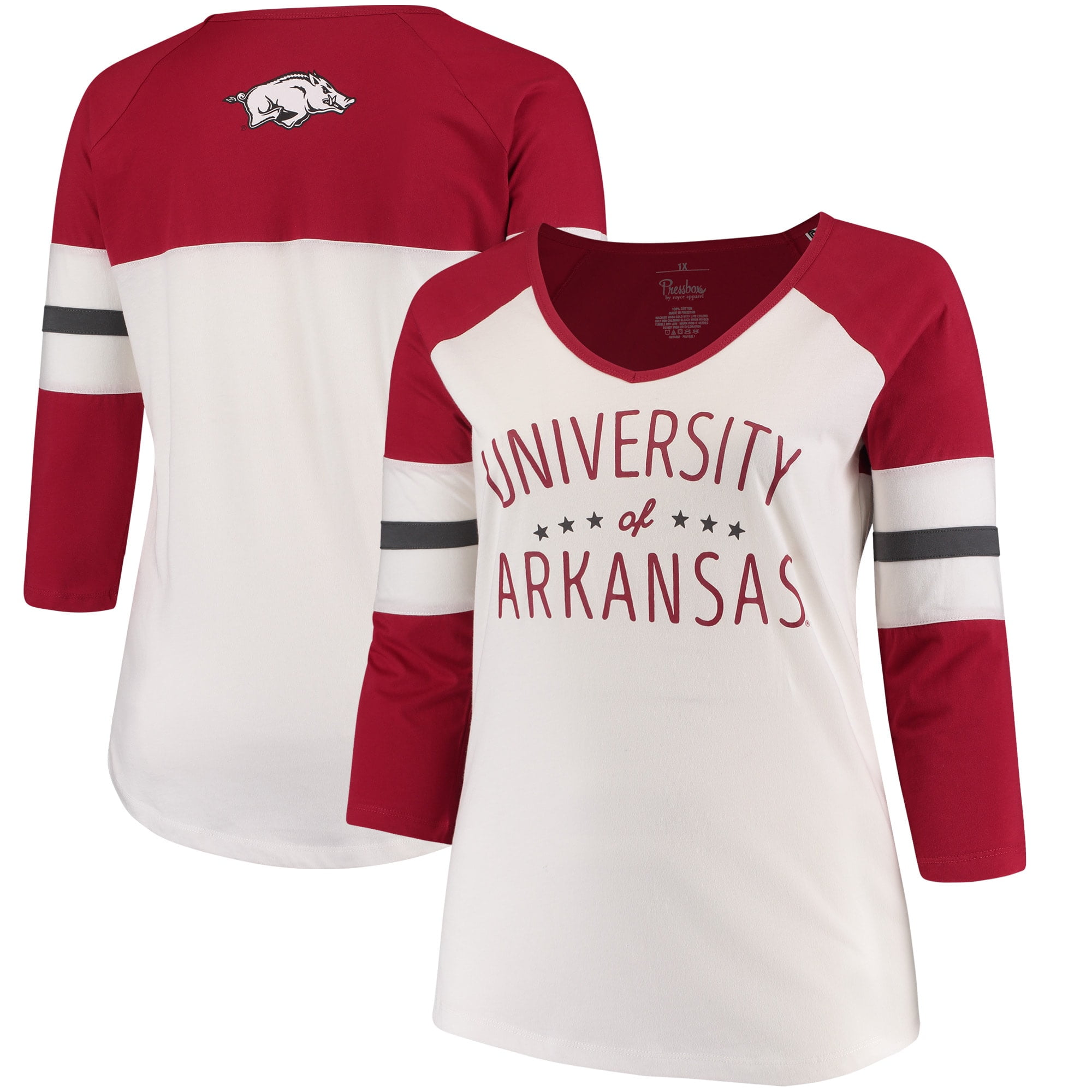 Arkansas Razorbacks Pressbox Women's Plus Size Pomona 3/4 Sleeve V-Neck T-Shirt - Cream/Cardinal 
