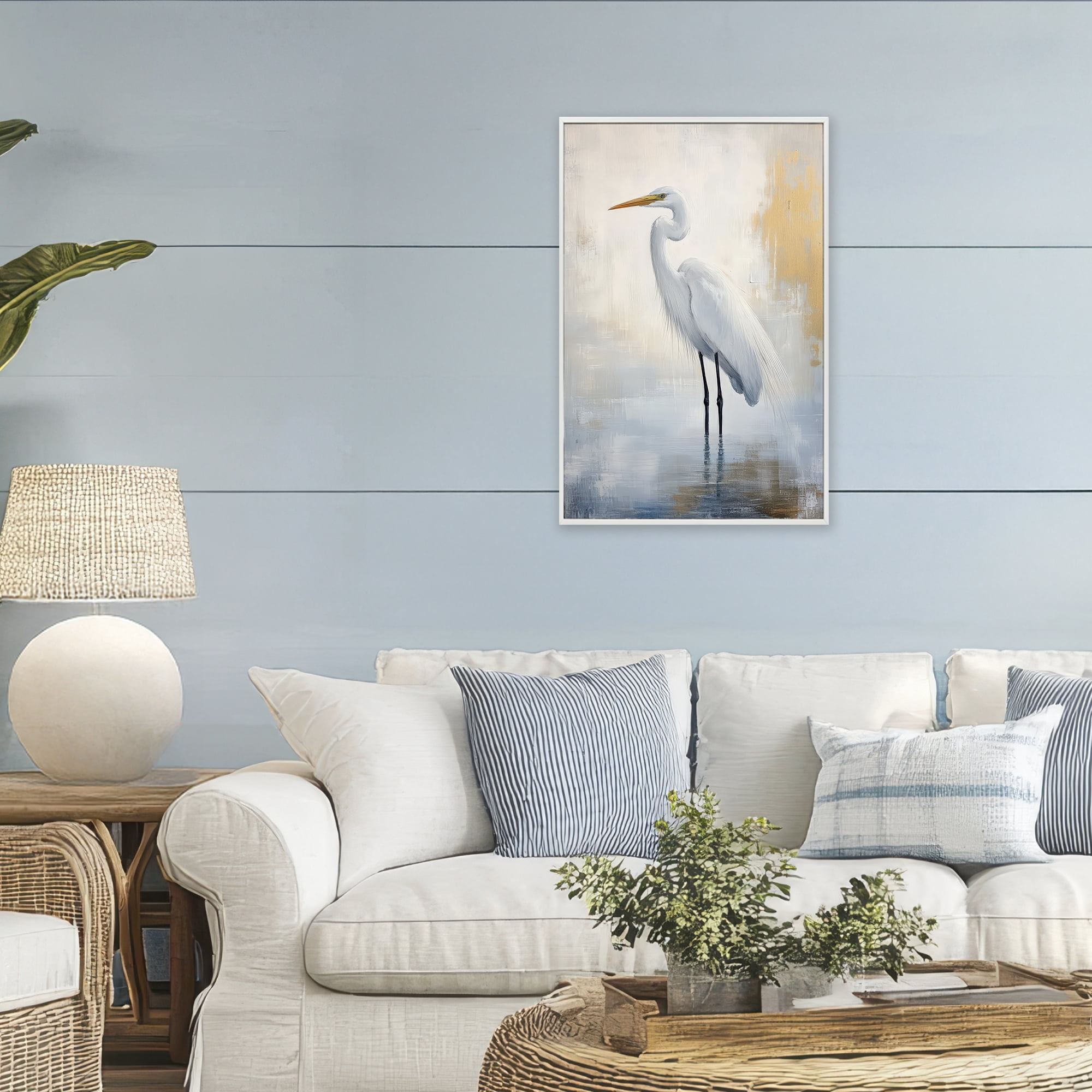Stupell Industries Distressed Egret with Misty Reflection White Framed Giclee Art, design by Petal Prints Design