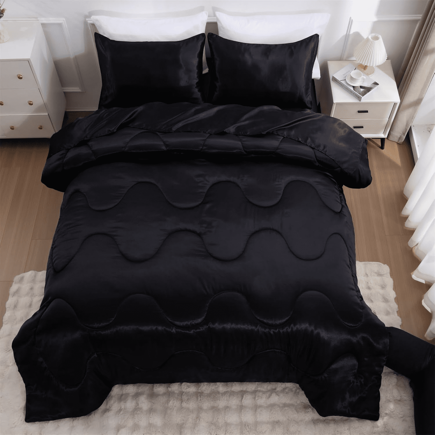 Btargot Satin Silky Soft Luxury Queen Comforter Set Solid Luxury Lightweight Bedding Set Black