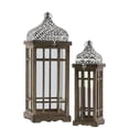 thumbnail image 1 of Wood Square Lantern with Pierced Quatrefoil Top & Window Pane Design, Set of 2, Brown, 1 of 1