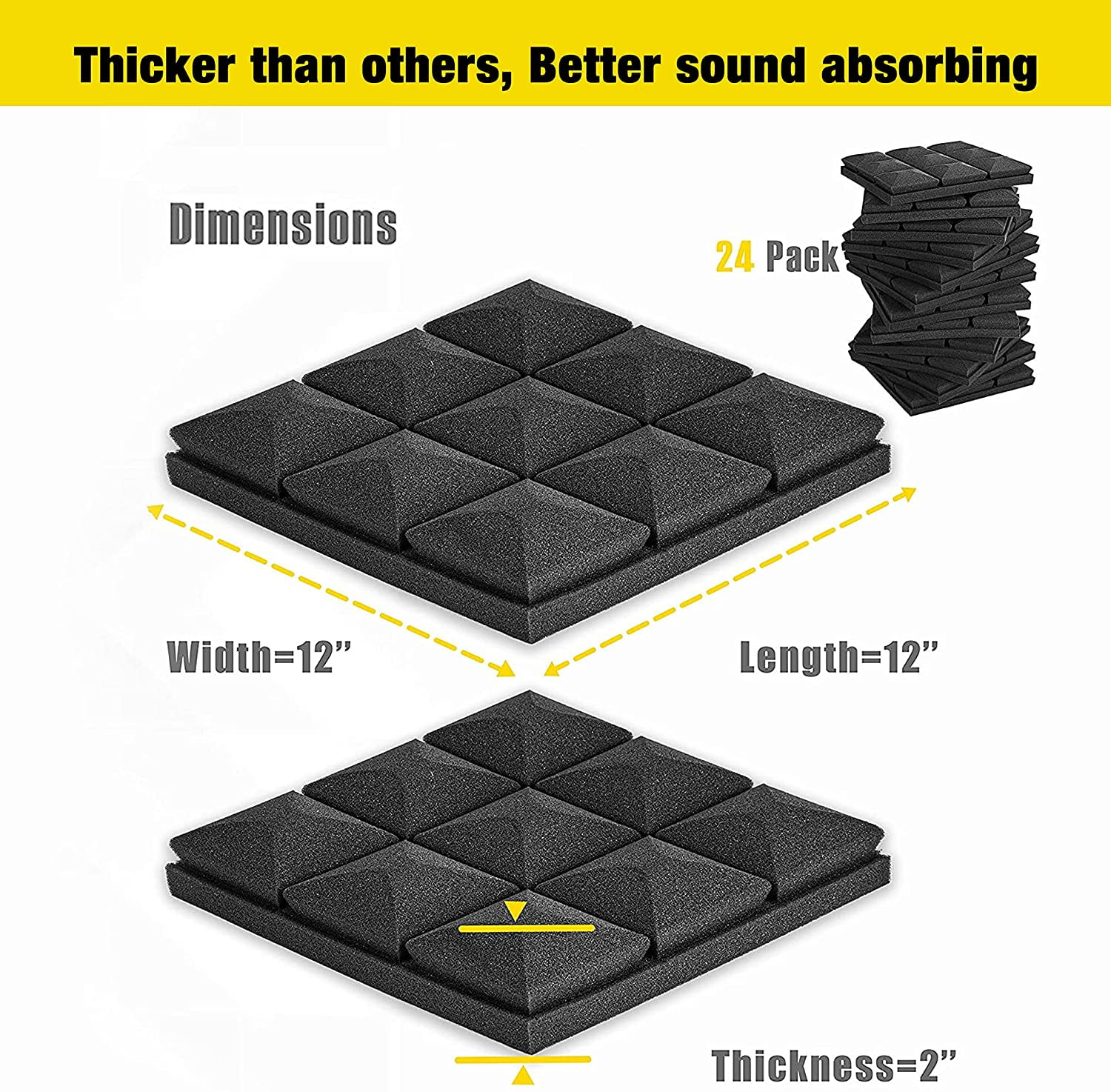FStop Labs Acoustic Foam Panels, 2" x 12" x 12" Mushroom Studio Wedge Tiles, Sound Panels Wedges Soundproof Sound Insulation Absorbing, 9 Block Mushroom Design (24 Pack, Black)