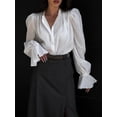 thumbnail image 5 of Womens Blouse Shirt Straw Yellow Solid Color Shirred Cuff V Neck Blouse Trendy 2024 Fall Winter Clothes White L, 5 of 6
