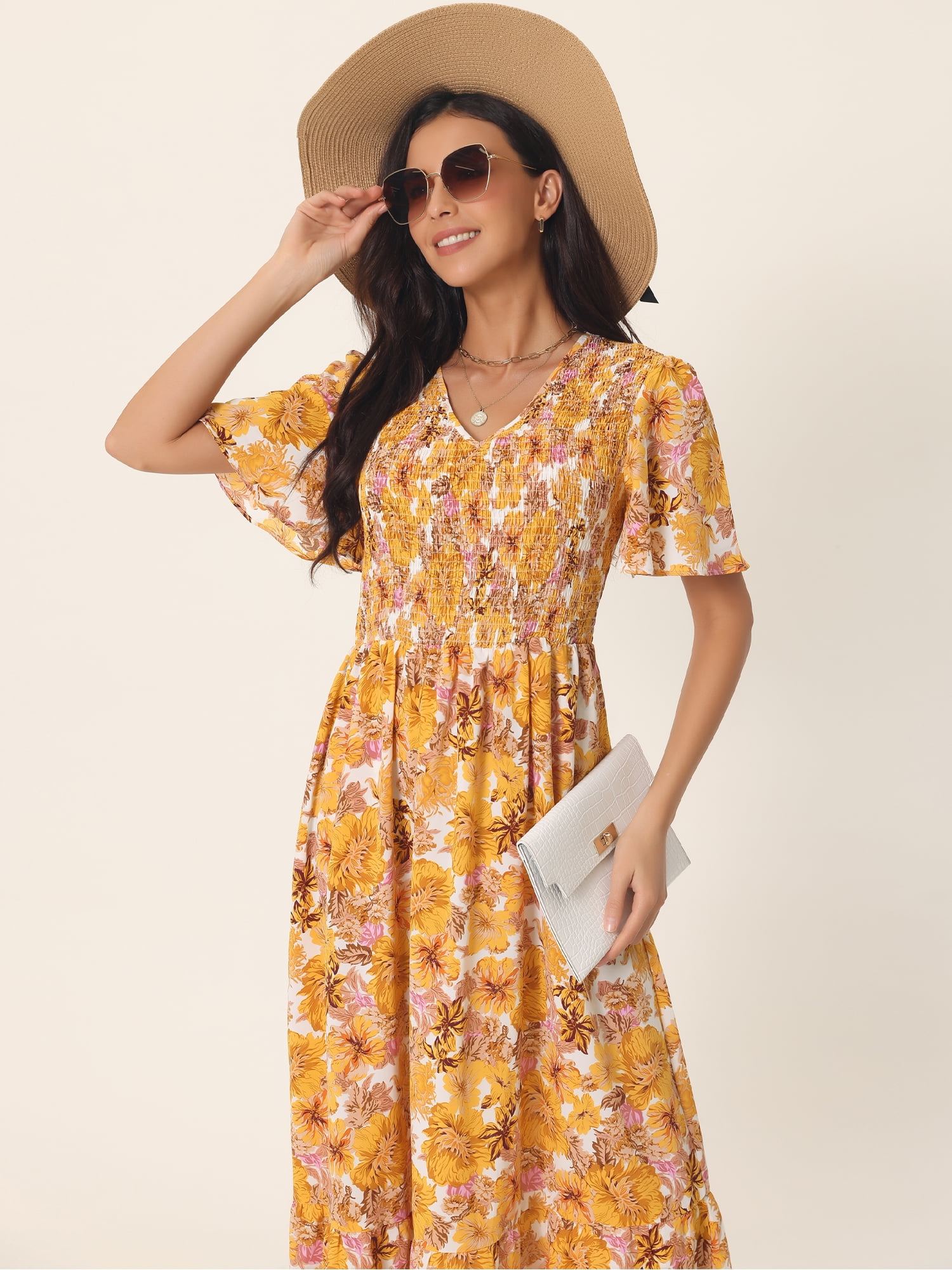 Unique Bargains Women's Floral Short Flutter Sleeve Smocked Flowy Maxi Dress with Pockets M Yellow