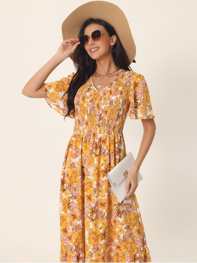 Unique Bargains Women's Floral Short Flutter Sleeve Smocked Flowy Maxi  Dress with Pockets XL Yellow