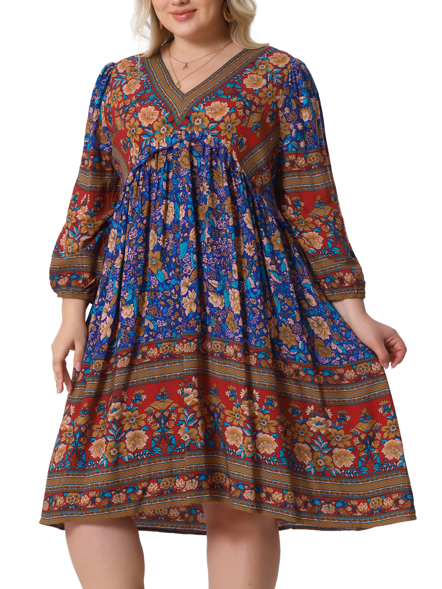 DARING DIVA Women's Plus Size Casual Boho Floral V Neck 3/4 Sleeve Dress 2X Red Blue