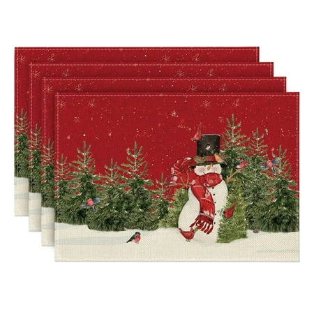 

Snowman Cardinals Trees Christmas Placemats for Dining Table 12 x 18 Inch Seasonal Winter Birds Xmas Holiday Rustic Vintage Thanksgiving Washable Table Mats Set of 4