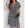 Black And White Geometric Print Notched Neck Belted Dress, Summer ...