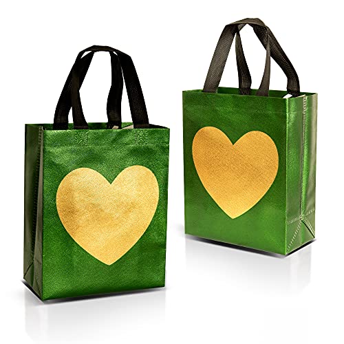 12 Green Gift Bags With Shiny Gold Heart Print Nonwoven Reusable
