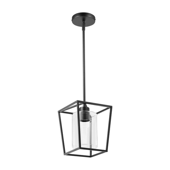 Black Pendant Light with Iron Cage and Clear Glass Shade, Adjustable Height Farmhouse Hanging Light Fixture with E26 Socket, Vintage Industrial Ceiling Lighting for Kitchen Island, Dining Room, Bar