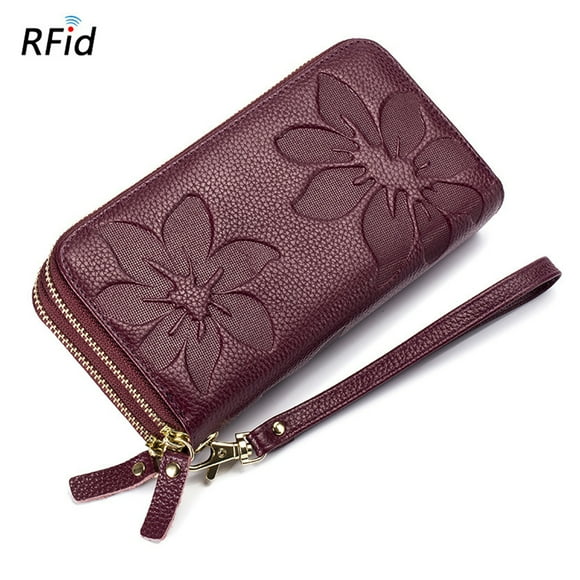 KAWELL Women's Wallet Leather Large Capacity Double Zip Credit Card Holder with RFID Blocking Wristlet Purple
