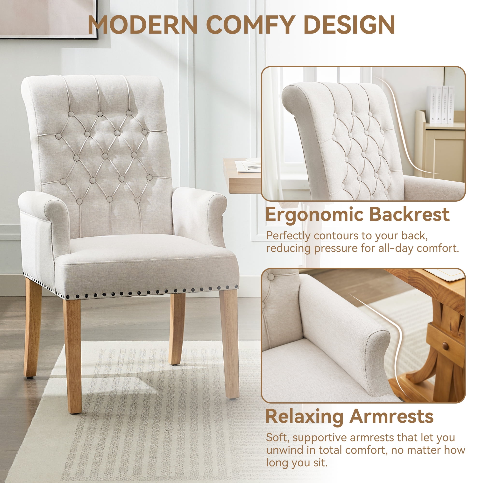 Fabric Upholstered Dining Chair with Arms, Tufted High Back Accent Coffee Armchair for Kitchen Dining Room Living Room, Beige