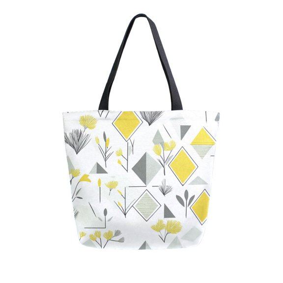 Durable Canvas Tote Bag with Zip Pocket Bags for Woman Shoulder Versatile Carryall for Everyday Use Yellow and Gray Geometric