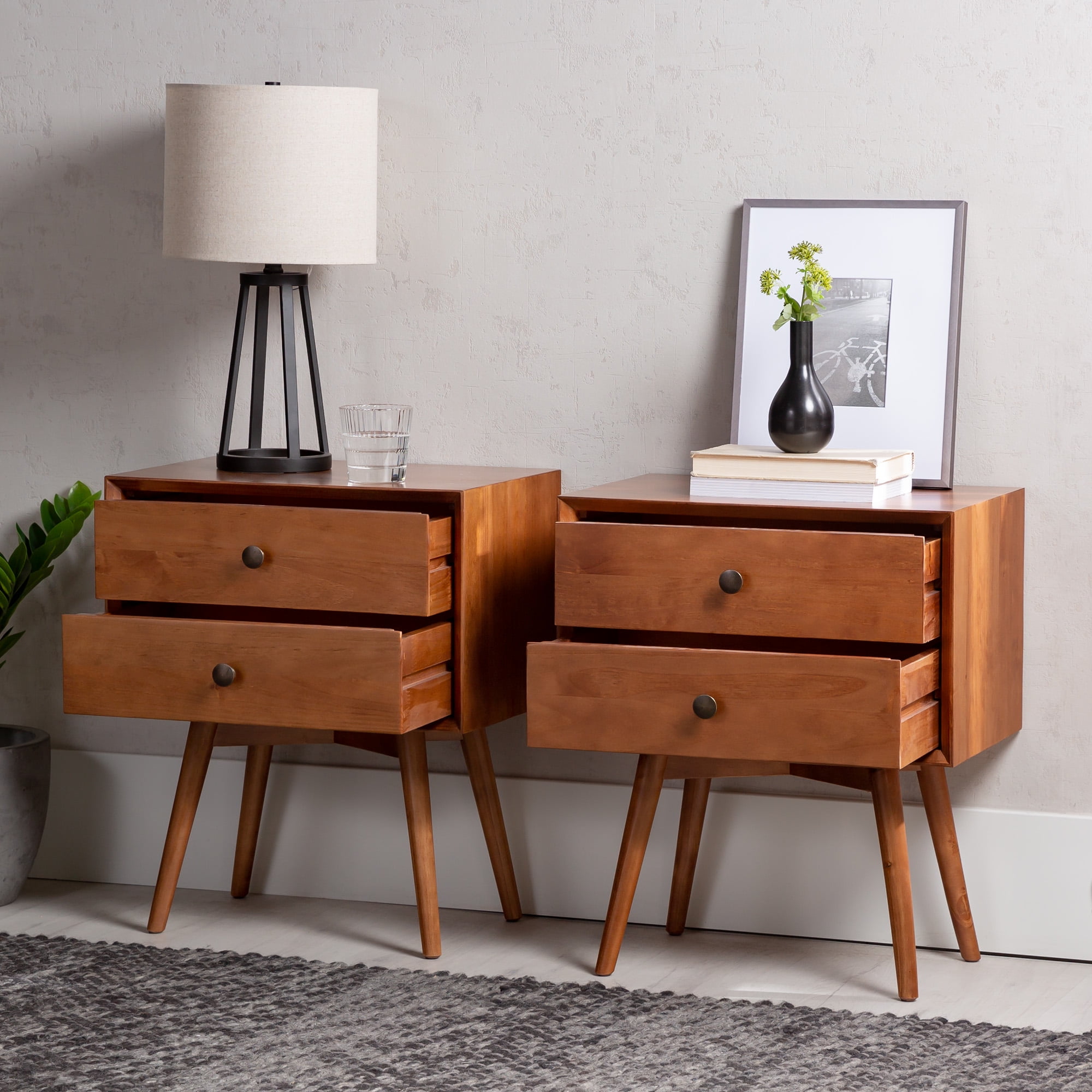 Walker Edison 2 Drawer Wood Nightstand Set of 2 Caramel