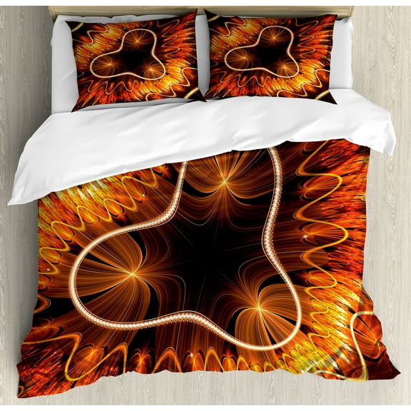 Fractal Duvet Cover Set, Abstract Waves Surreal Trippy Galactic Effects Graphic Psychedelic Concept, Decorative 3 Piece Bedding Set with 2 Pillow Shams, King Size, Vermilion and Brown, by Ambesonne