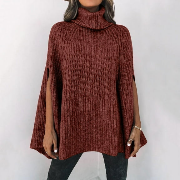Sweaters for Women Turtleneck Poncho Sweater Fashion Chunky Knit Cape Wrap Sweaters Pullover Jumper Tops Winter Fall Clothes 2023 Red