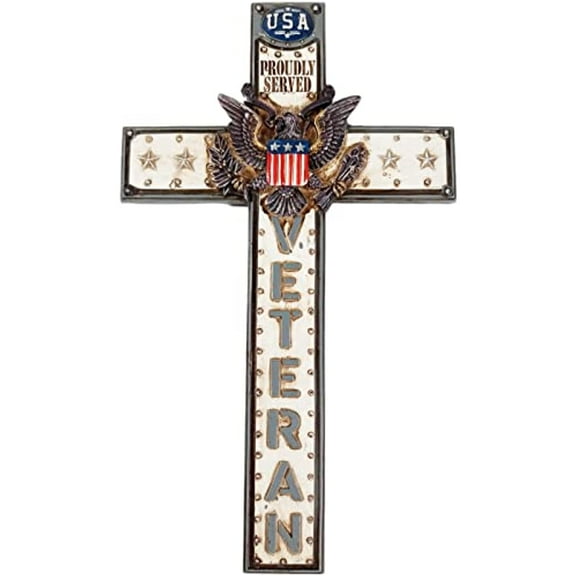 Urbalabs Western 14 Inch Wall Cross White and Metallic Coloring Veteran Cross Distressed Wall Hanging Cross Country Wall Decor Room Decoration Office Church Home (Proudly Served)