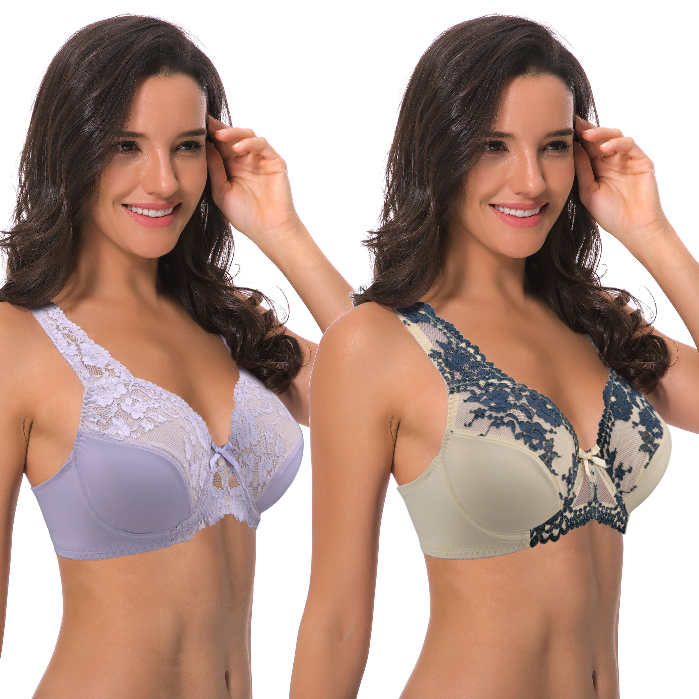 Womens Minimizer Unline Underwire Full Figure Bra with Embroidery Lace-2 Pack