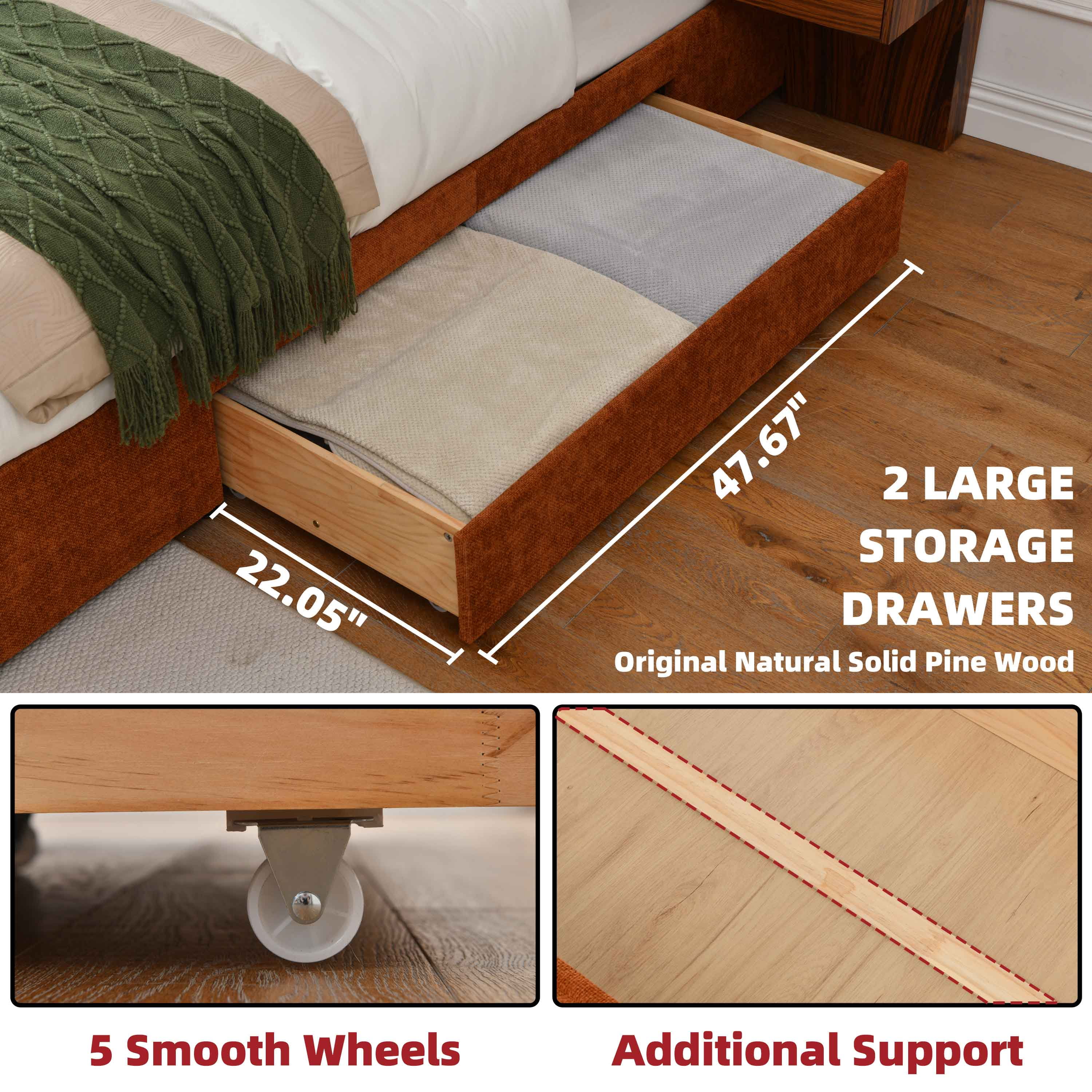 Queen Size Bed Frame with Storage Drawers & Built-in Nightstands, Wood Bed Frame with Linen Upholstered Headboard, No Box Spring Needed, Ocher