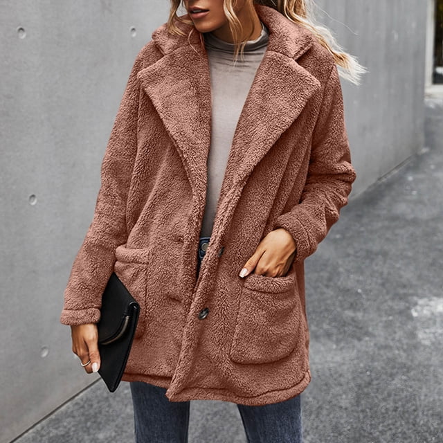 LSLJS Women Solid Color Long Sleeve Collar Plush Coat Fashion Warm Coat