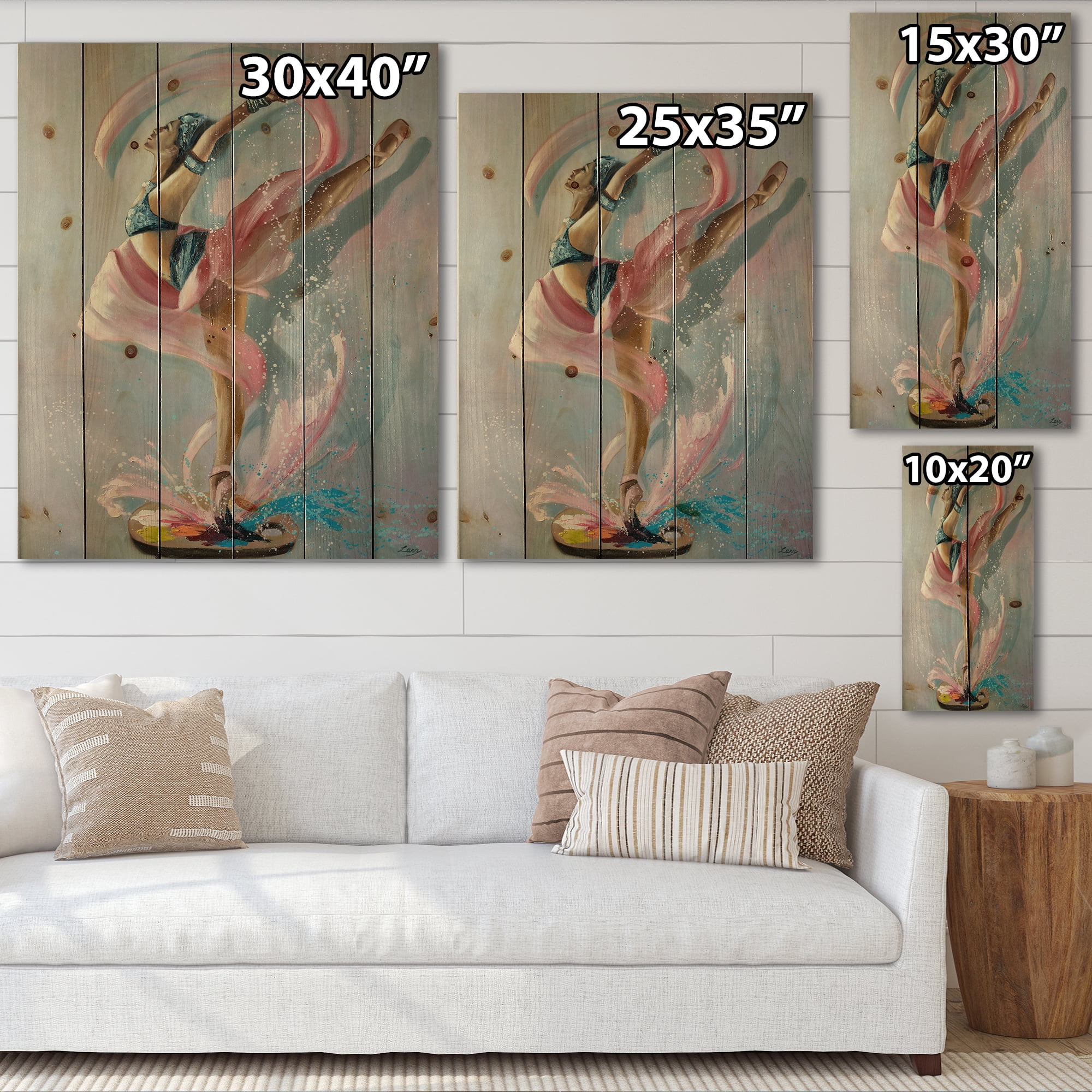 Designart 'Graciously Dancing Girl In Pink Drapes' Traditional Print on Natural Pine Wood