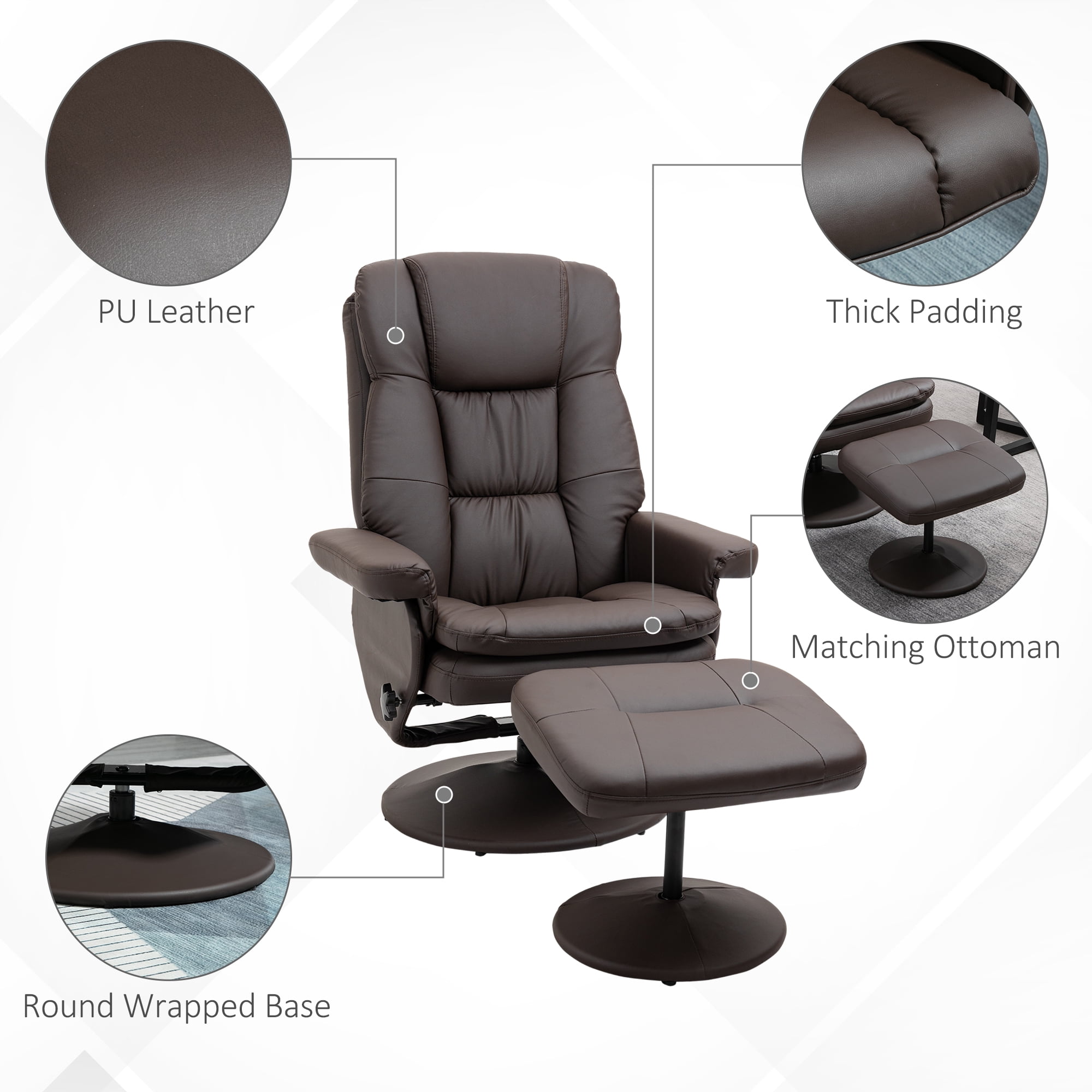 Brown PU Leather Recliner Office Chair with Ottoman, 135° Recline, 360° Swivel, High Back, Steel Frame