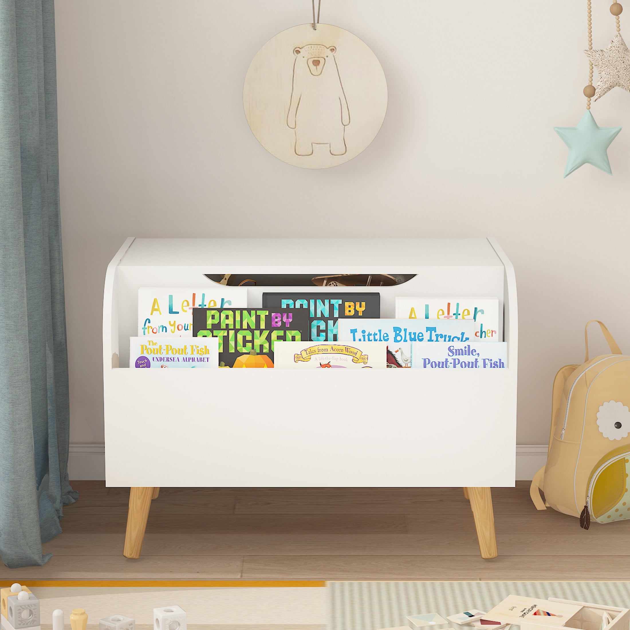 PAPROOS Kids Toy Box, Wooden Toy Storage Organizer for Boys Girls with Front Bookshelf, Flip-Top Lid, Safety Hinge, Modern Toy Chest Bench with 4 Legs for Playroom, Bedroom, White