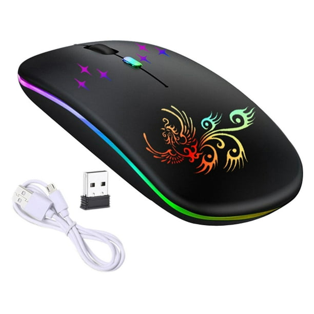 Ratón inalámbrico Bluetooth BT3.0 BT5.2 2.4G recargable, silencioso, con luces de colores Negro