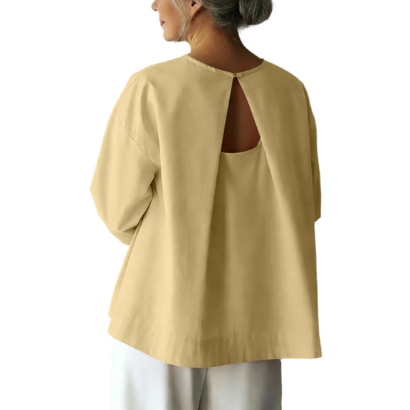 Lenpel Women's Tops 3/4 Length Sleeve Crew Neck Open Back Pleated T-Shirts Loose Tunic Blouses Trendy Casual Tees