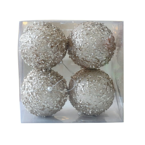 Pearl Sequin Christmas Ball Ornaments Set of 4 - Red, Gold & Green Plastic Decorations for Christmas Tree, Window, Centerpiece or Holiday Gift