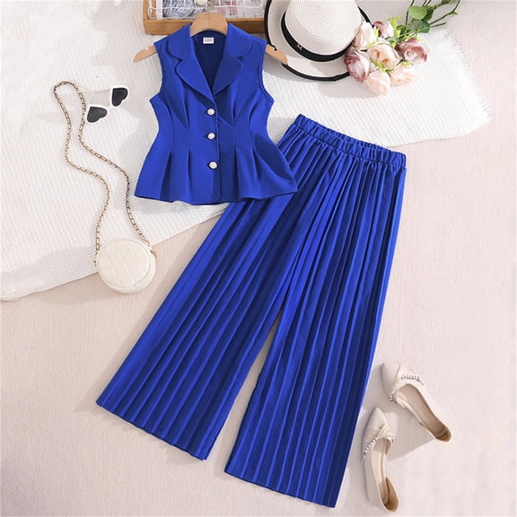YMNXA Kids Girls Outfits 2 Piece Sleeveless Lapel Solid Color Top And Pleated Wide Leg Pants Comfortable Fashion Sets For Casual Daily Wear,Blue,7-8 Years
