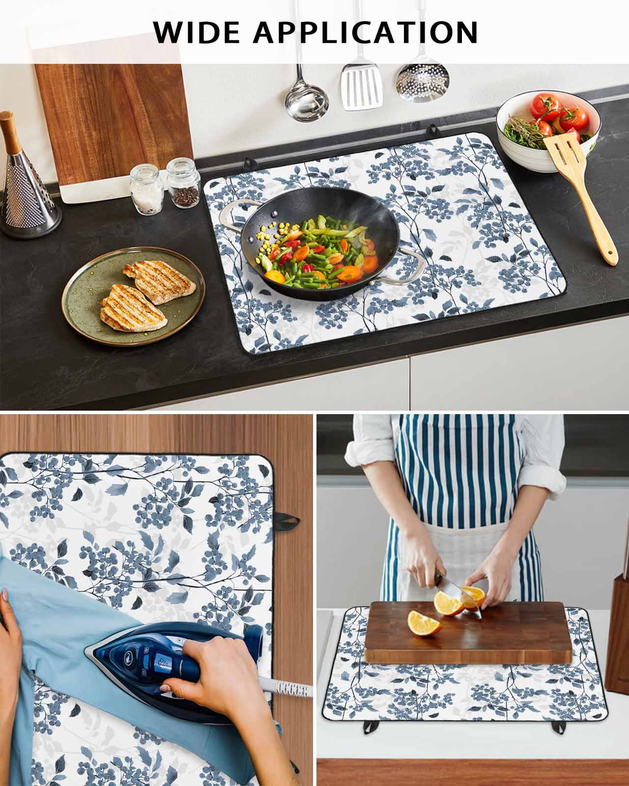 nqOlkjepod Large Induction Cooktop Protector Mat 36"x21", Blue Botanical Stove Top Covers for Electric Stove, Vintage Nature Flower Floral Decorative Stove Burner Cover Mats, Glass Top Stove Cover