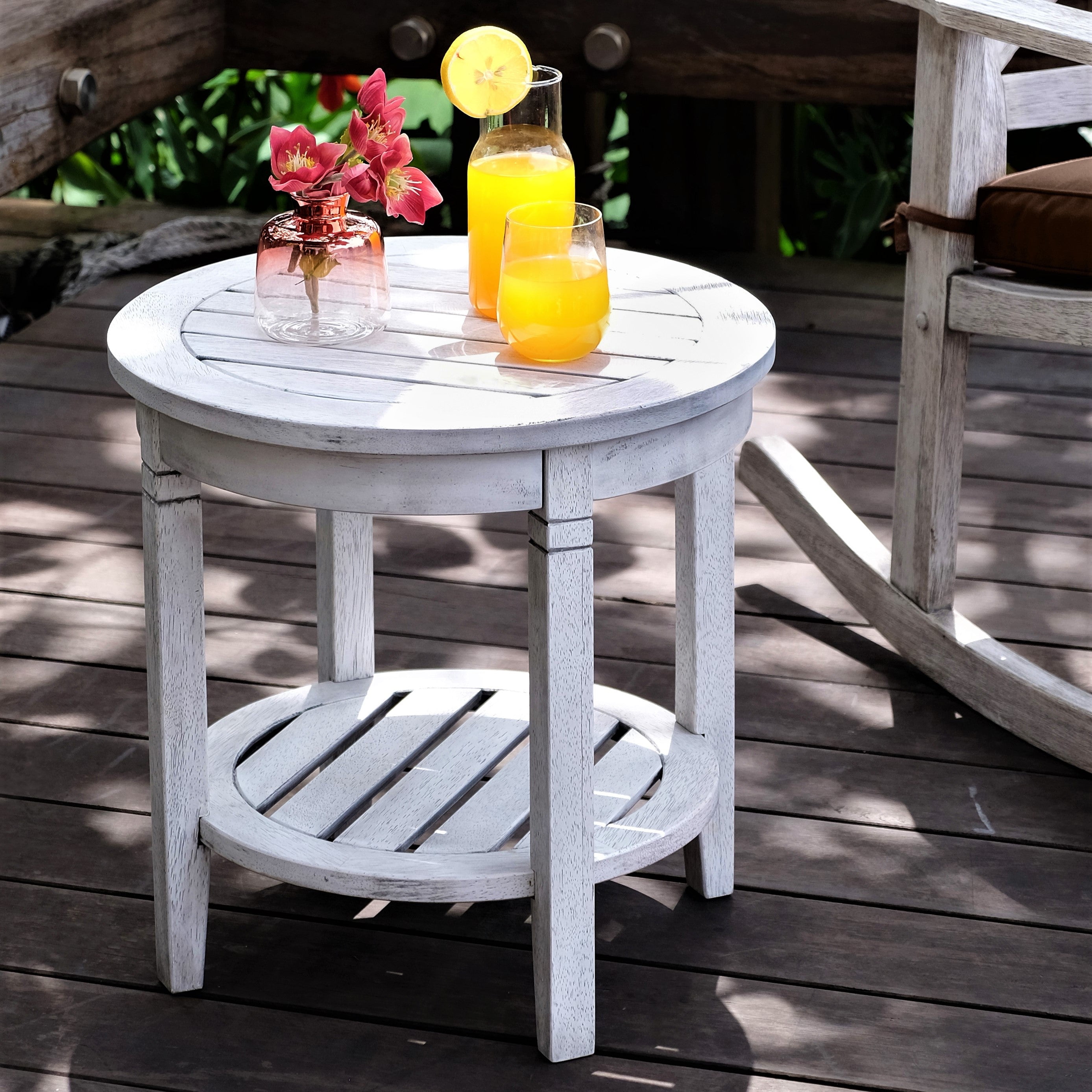 Alston Solid Wood Round Patio Side Table White Wash Finish