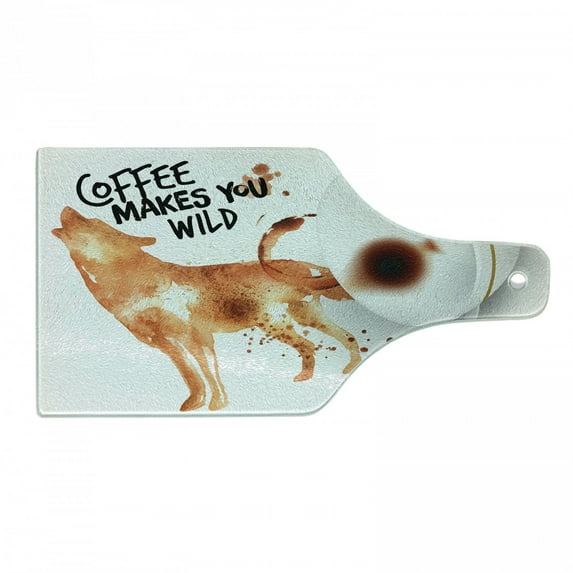 Coffee Art Cutting Board, Beverage of Wilderness Spilled Drink Blots and Howling Wold, Decorative Tempered Glass Cutting and Serving Board, Wine Bottle Shape, Burnt Sienna Black White, by Ambesonne