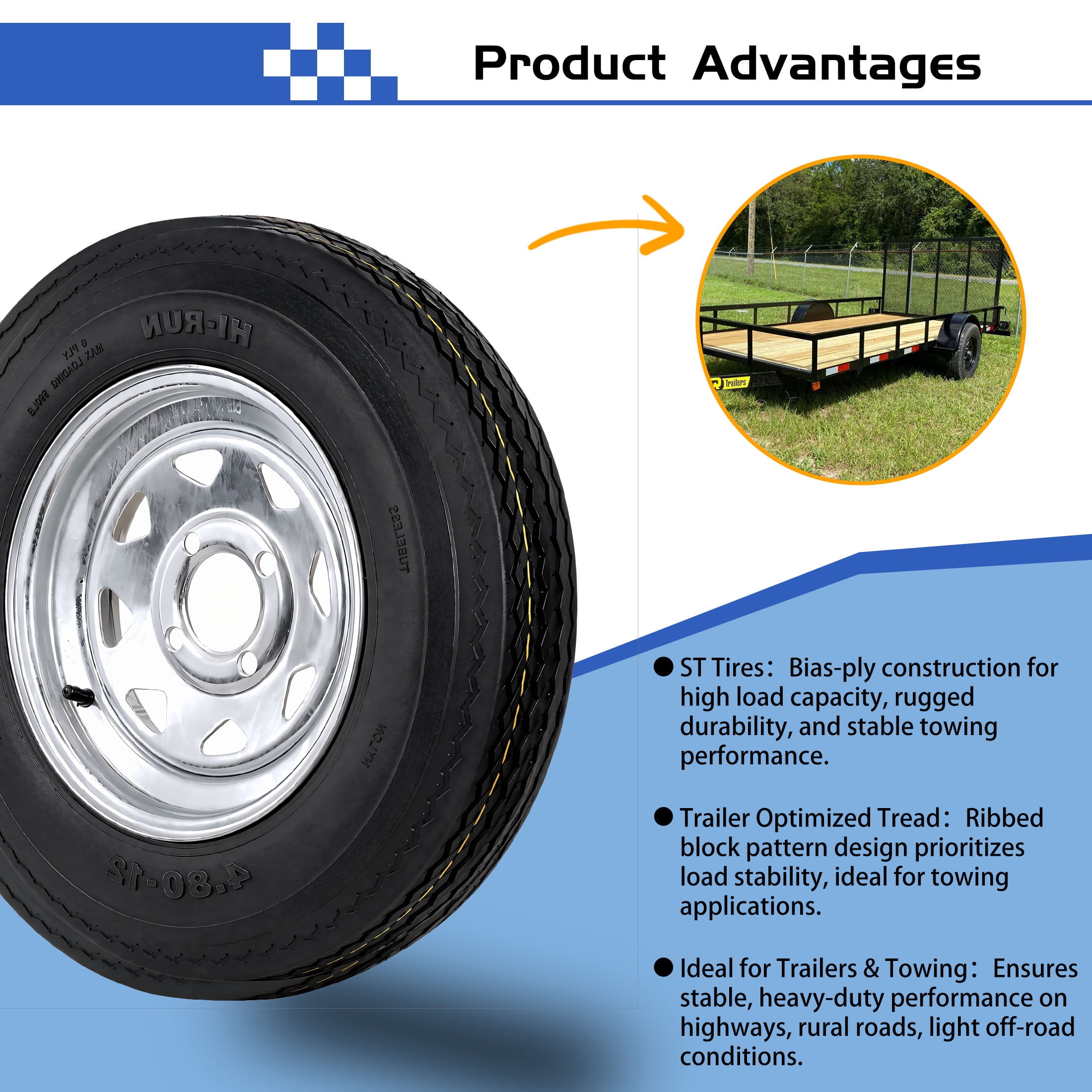 Hi-Run 2 Set SU02 4.80-12 6PR Boat Trailer Tire and 4-Lug Galvanized 8 Spoke Wheel Assembly